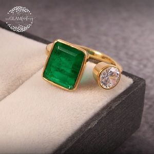 EUC lab created emerald and diamond adjustable ring. 925 silver and gold plated